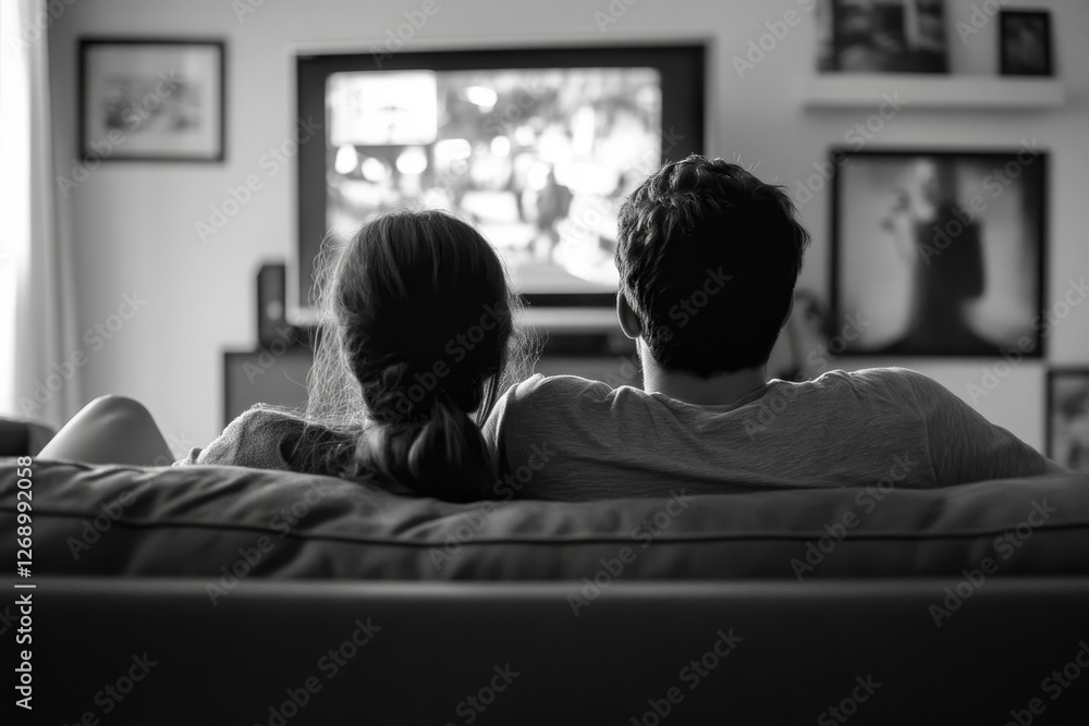 Couple Watching TV Movie On Couch, Couple Watching TV Movie On Couch,