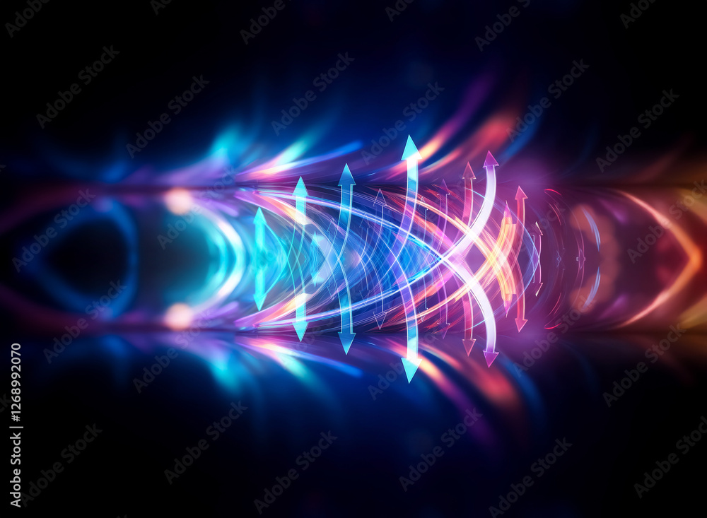 Obraz premium Abstract glowing lines in blue, purple, and orange hues radiate against a dark backdrop. Symmetrical and futuristic, the design evokes a technological and dynamic feel.