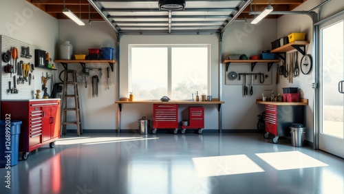 Heated garage, Spacious garage wall storage and clean workbench photorealistic.