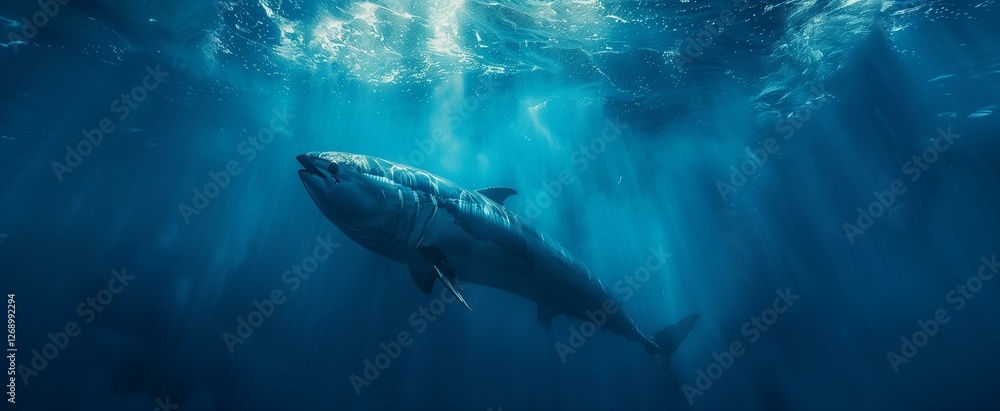 Majestic Great Shark Underwater Scene Ocean Deep Blue Sunlight Rays Majestic Great Shark Underwater Scene Ocean Deep Blue Sunlight Rays