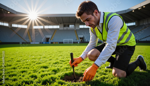 Wallpaper Mural Focused male groundskeeper using soil probe to assess turf health on a sunny football field Torontodigital.ca