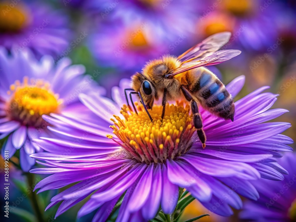 Long Exposure Close-Up: Bee on Purple Aster Flower - Macro Photography Long Exposure Close-Up: Bee on Purple Aster Flower - Macro Photography
