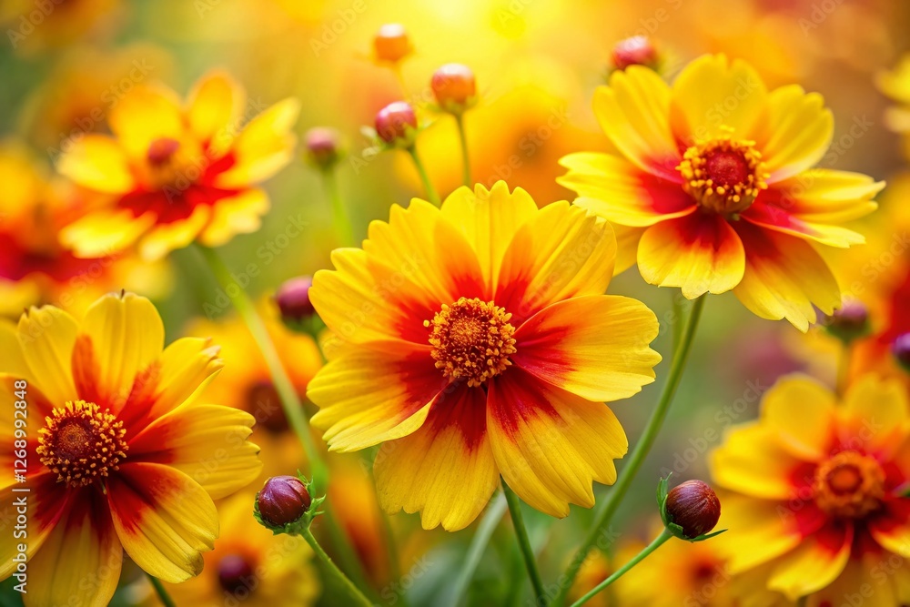 Long Exposure Close-up of Vibrant Yellow Summer Flowers with Red Dots Long Exposure Close-up of Vibrant Yellow Summer Flowers with Red Dots