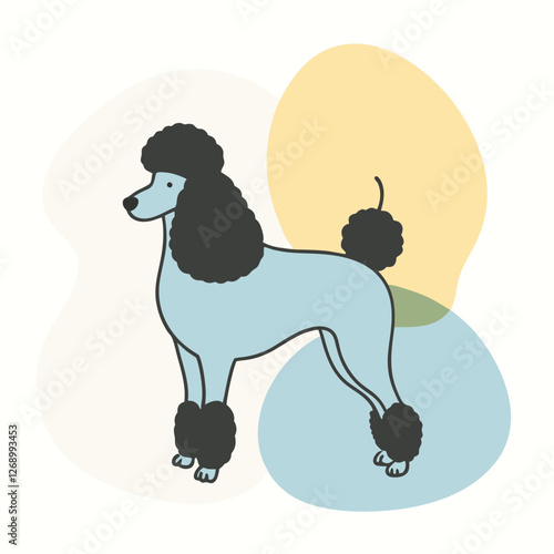 A fully black silhouette of a fluffy poodle in a show pose, standing with an elegant stance. 