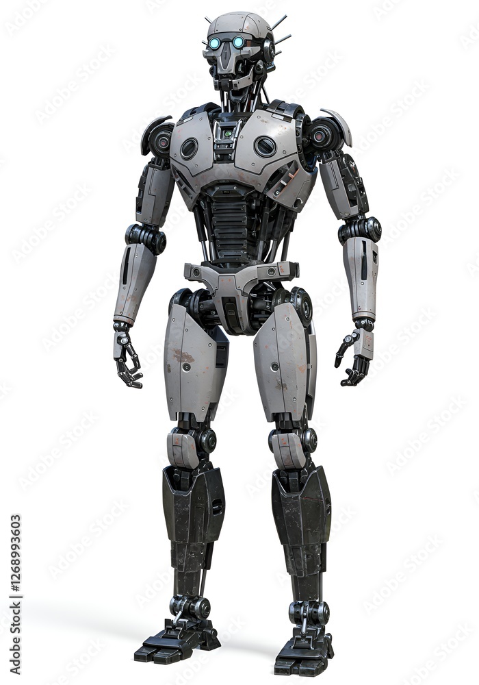 Robot android brutal-looking natural light, clean background. Robot android brutal-looking natural light, clean background.