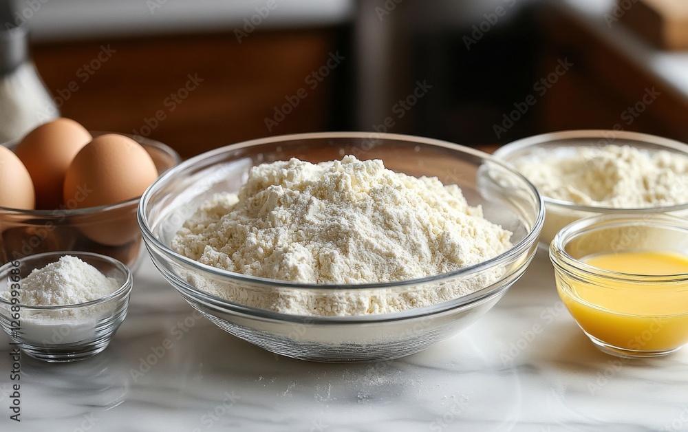 Ingredients arranged for baking on a countertop including flour, eggs, and other essentials in a cozy kitchen