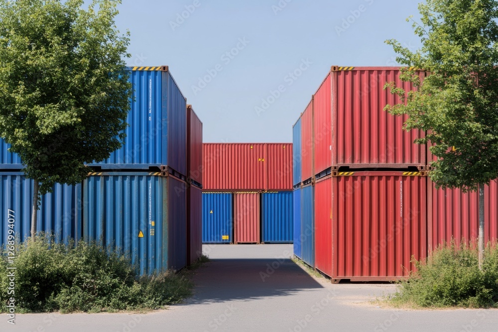 Fototapeta premium Colorful shipping containers form a structured layout in an industrial area under a clear blue sky