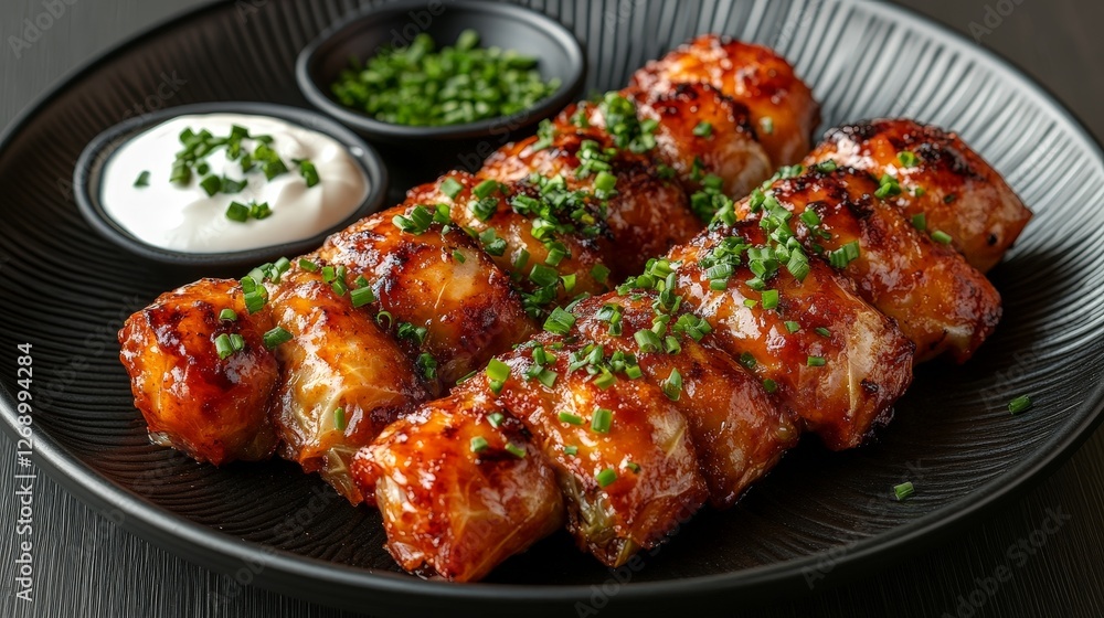 A plate of glazed rolls topped with chives, served with sour cream and herbs. A plate of glazed rolls topped with chives, served with sour cream and herbs.