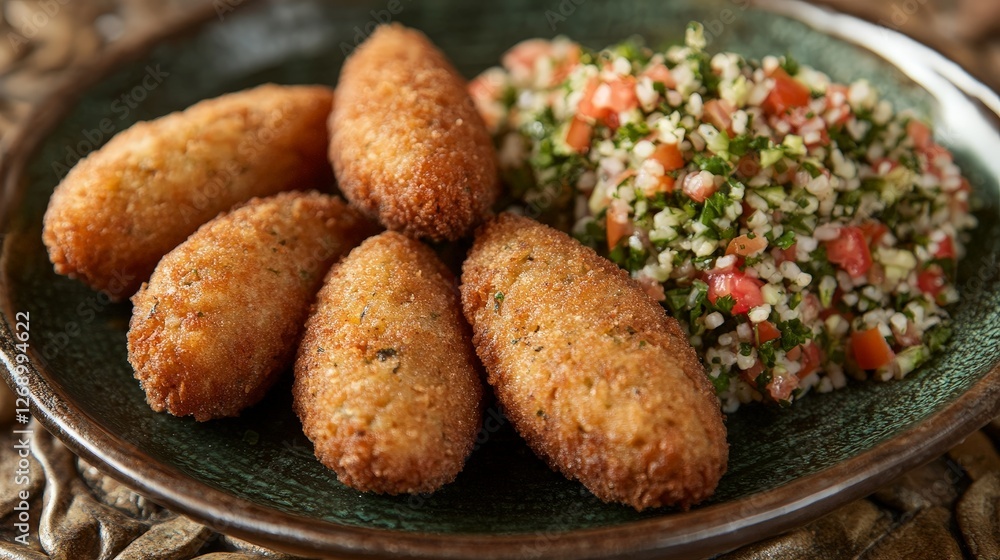 A plate of golden croquettes served with a fresh tabbouleh salad. A plate of golden croquettes served with a fresh tabbouleh salad.