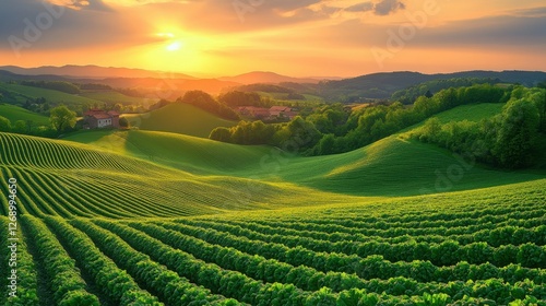 Wallpaper Mural Sunset over lush green vineyard hills showcasing vibrant rows of grapevines in a serene landscape Torontodigital.ca
