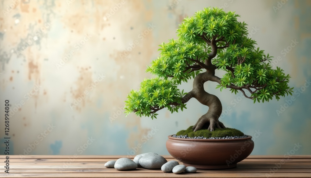Bonsai tree in pot with stones on painted canvas backdrop Bonsai tree in pot with stones on painted canvas backdrop