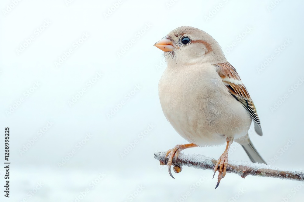 A delicate sparrow perched on a branch, small claws gripping tightly against a white background A delicate sparrow perched on a branch, small claws gripping tightly against a white background