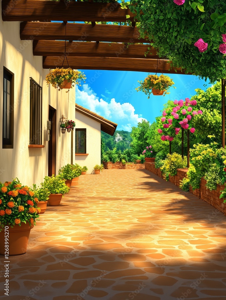 Naklejka premium Charming garden pathway lined with vibrant flower and potted plant under a sunny sky