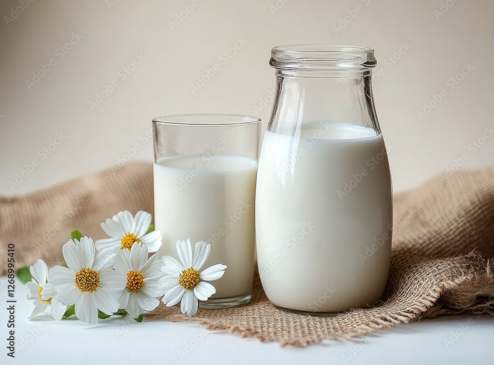 Fresh milk displayed in a glass and a bottle alongside white daisies on a neutral background with a burlap cloth Fresh milk displayed in a glass and a bottle alongside white daisies on a neutral background with a burlap cloth