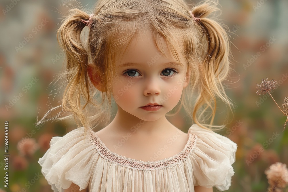 Little girl with pigtails in a soft dress gazes thoughtfully amidst a field of flowers during golden hour Little girl with pigtails in a soft dress gazes thoughtfully amidst a field of flowers during golden hour