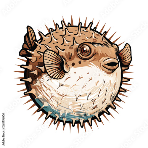 Create a realistic vector illustration of a pufferfish dramatically inflating its body as a defense mechanism, showcasing detailed textures and realistic coloring.