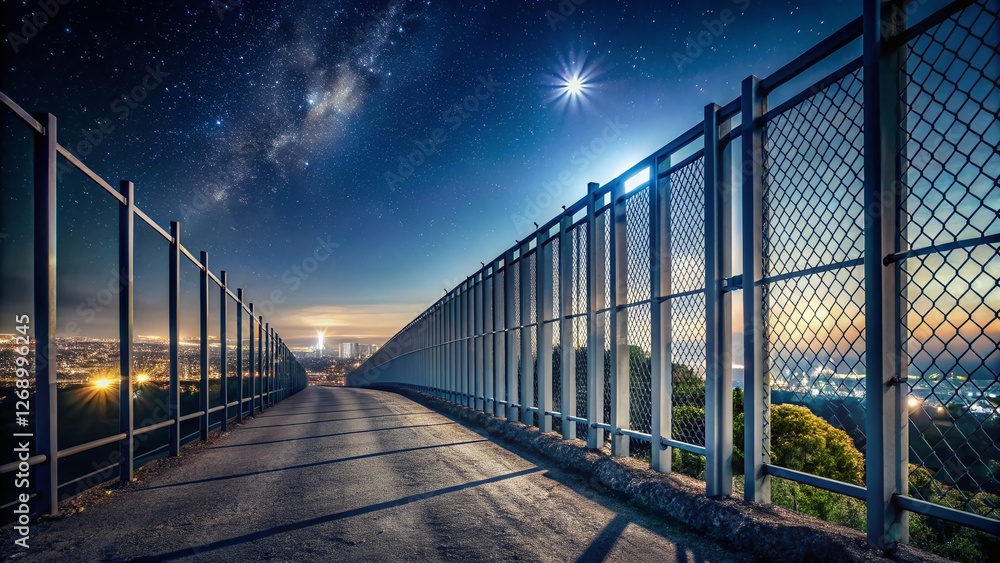 Long White Metal Fence at Night - Dramatic Night Photography Stock Image Long White Metal Fence at Night - Dramatic Night Photography Stock Image