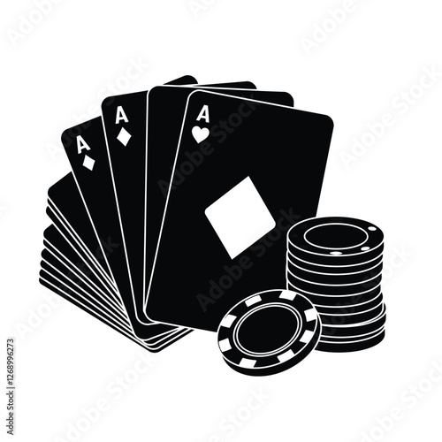 Silhouette vector illustration of a deck of cards and poker chips icon