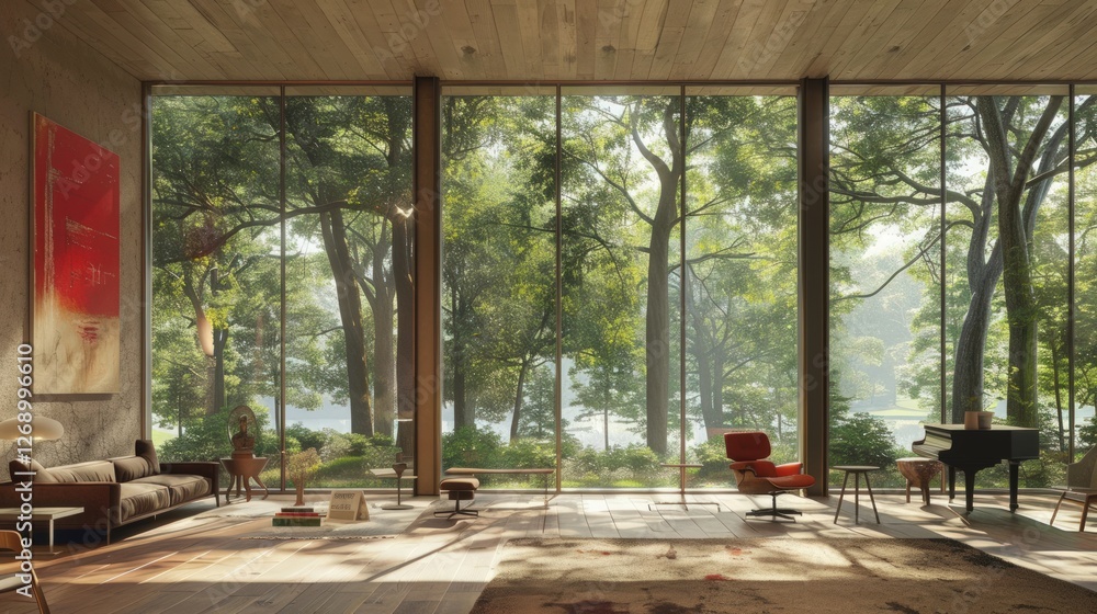 Serene Living Room with Panoramic Forest View Serene Living Room with Panoramic Forest View
