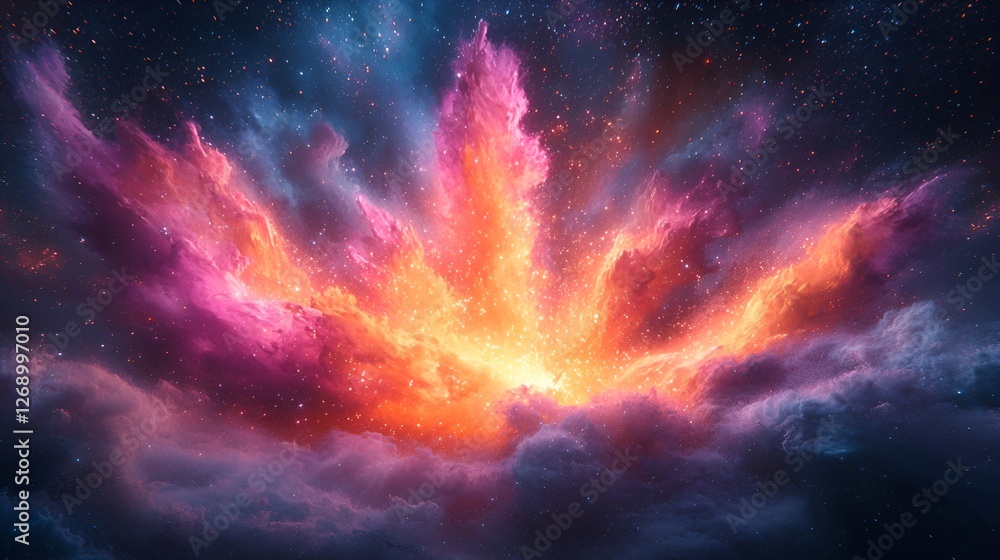 Naklejka premium Cosmic fire cloud bursts through nebula. Fantasy art background