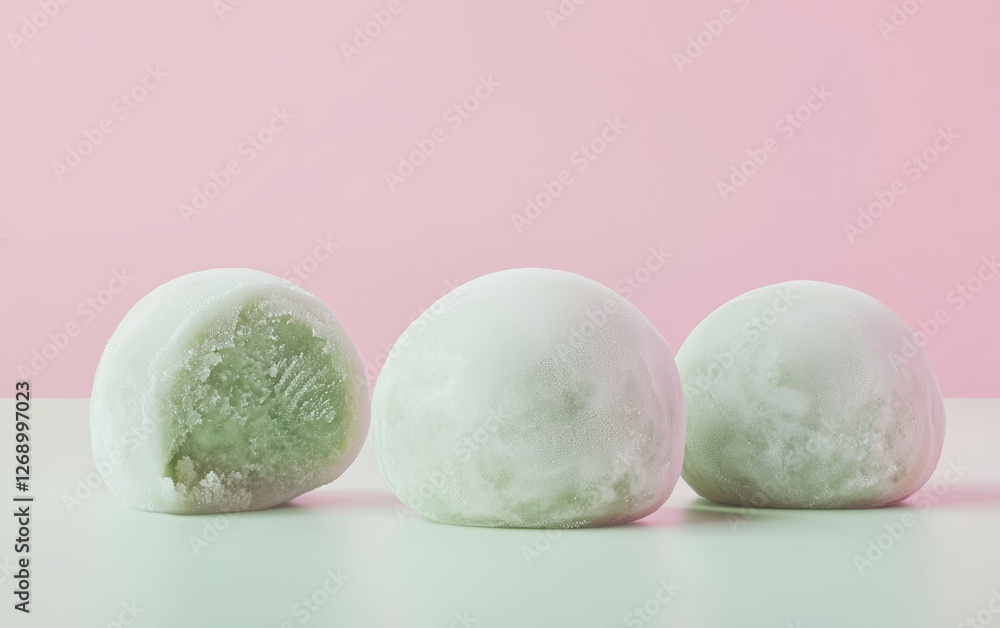 Japanese mochi ice cream with matcha on a pastel background Japanese mochi ice cream with matcha on a pastel background
