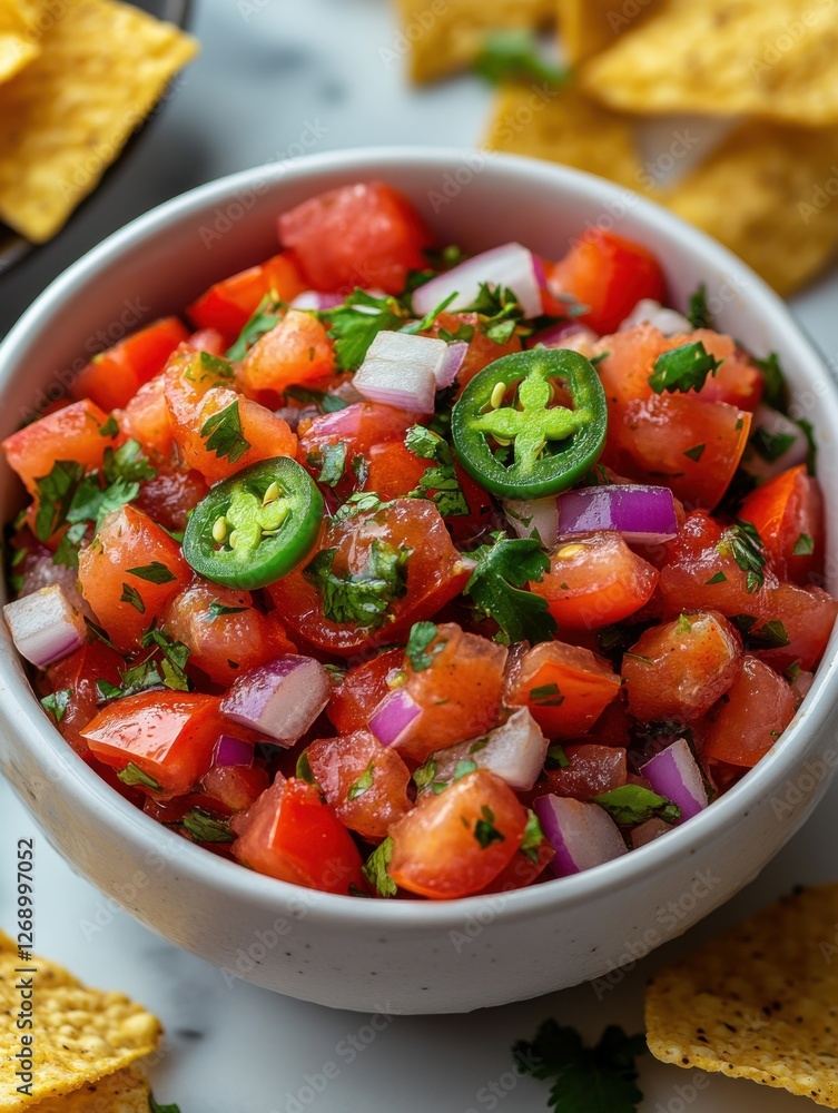 Fresh salsa prepared with tomatoes, onions, jalapenos, and cilantro in a bowl served with tortilla chips Fresh salsa prepared with tomatoes, onions, jalapenos, and cilantro in a bowl served with tortilla chips