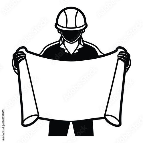 A fully black silhouette of an engineer wearing a safety helmet, holding a large blueprint 