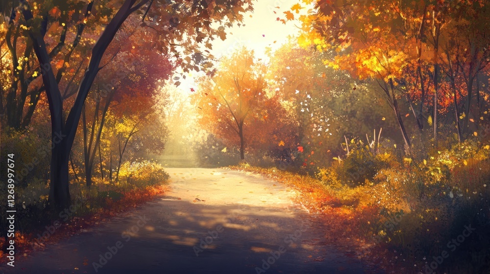 Sun-Drenched Autumn Pathway, A Serene Journey Through Golden Foliage Sun-Drenched Autumn Pathway, A Serene Journey Through Golden Foliage