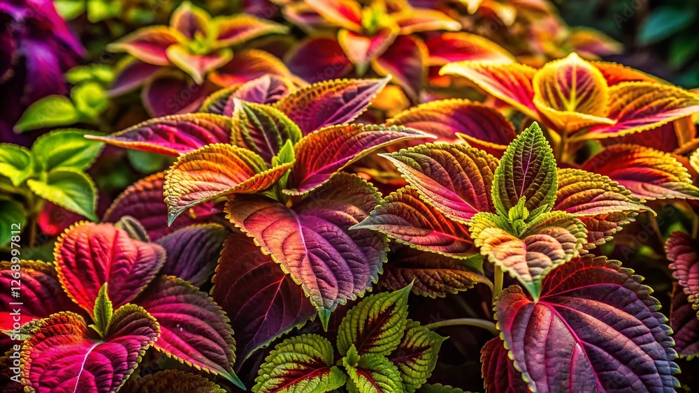 Naklejka premium Low Light Garden Photography: Vibrant Coleus Foliage Bush Blooming