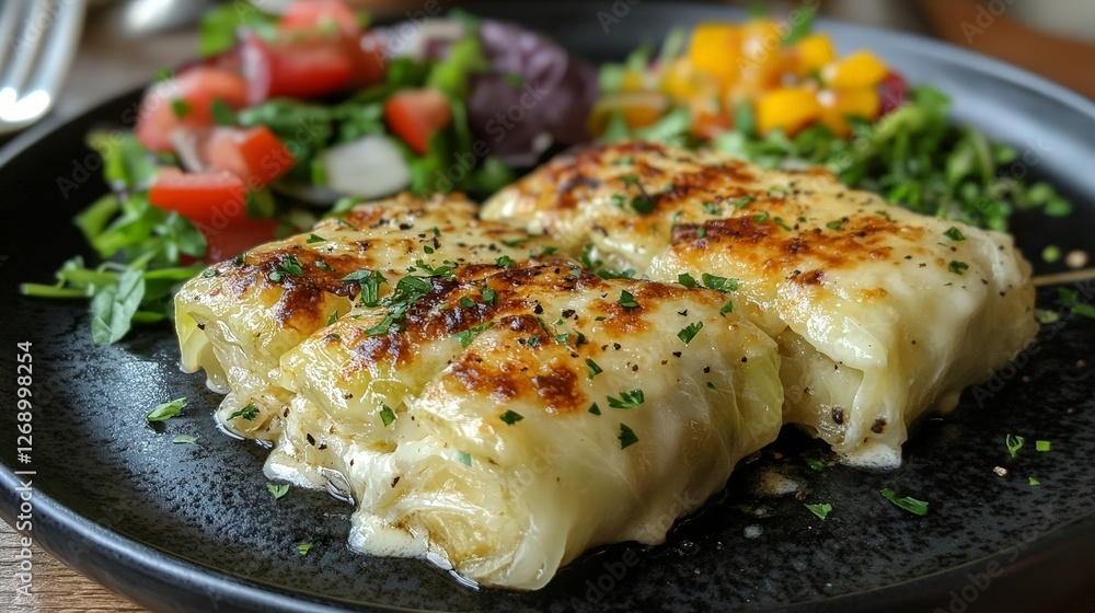 A plate of grilled cheese rolls served with a fresh salad. A plate of grilled cheese rolls served with a fresh salad.