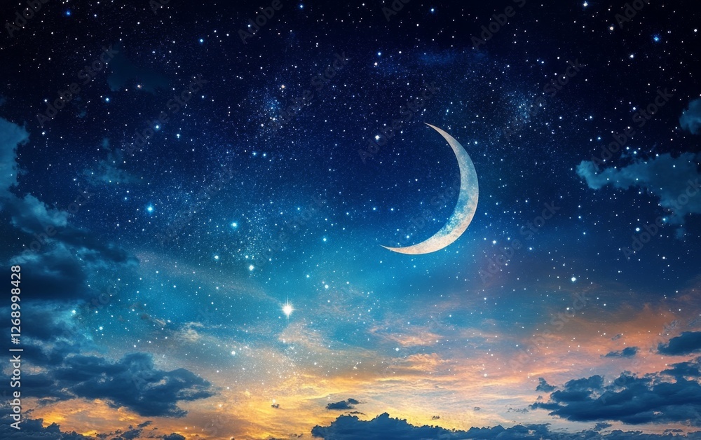 Crescent moon, starry sky, twilight clouds, peaceful night sky Crescent moon, starry sky, twilight clouds, peaceful night sky