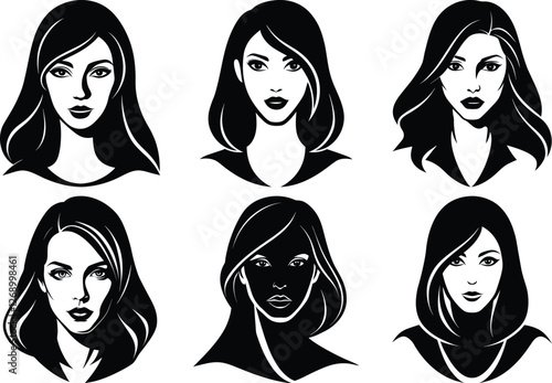 woman head silhouette set, female face icon vector illustration 