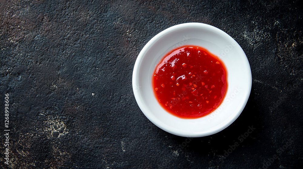 A tiny white plate with vibrant red chili sauce A tiny white plate with vibrant red chili sauce