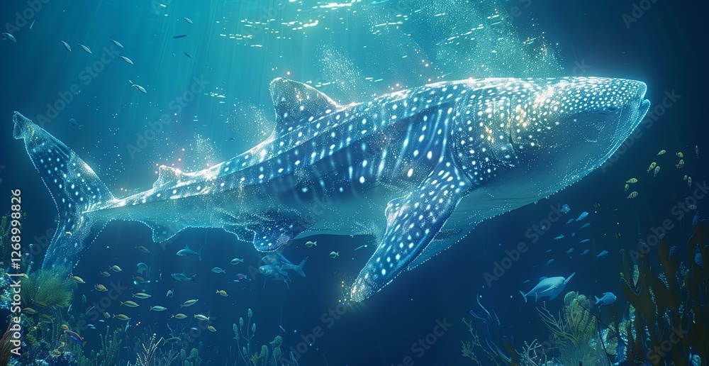 Fototapeta premium A Majestic Whale Shark Illuminated in the Deep Ocean Depths Surrounded by Smaller Fish and Coral Reefs