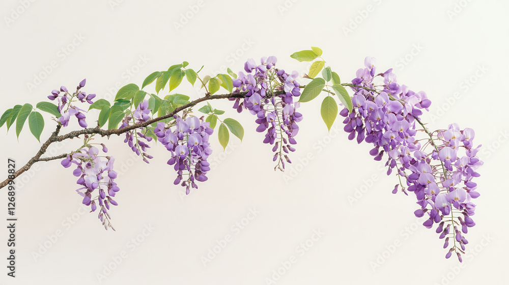 A photograph of a graceful wisteria branch with lush purple blooms, twisting branch extending horizontally, close-up view from a side angle A photograph of a graceful wisteria branch with lush purple blooms, twisting branch extending horizontally, close-up view from a side angle
