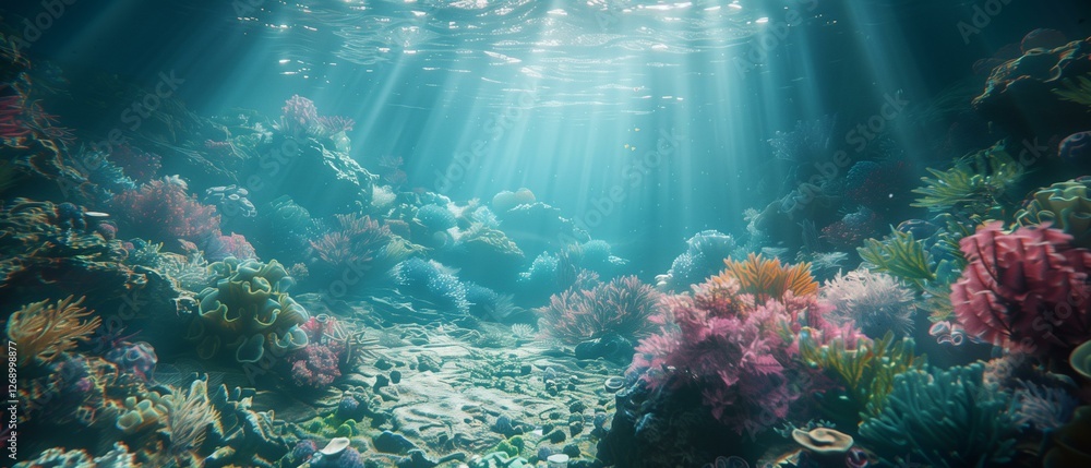 Fototapeta premium Vibrant Underwater Scene Sunbeams Illuminate Coral Reef Ecosystem