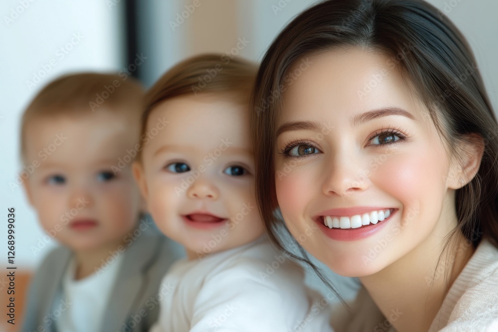 Smiling mother with two happy children enjoying a cozy indoor moment in a softly lit environment Smiling mother with two happy children enjoying a cozy indoor moment in a softly lit environment