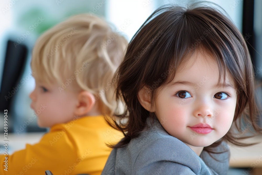 Two children engaged in their own activities in a bright indoor environment, showcasing the innocence and curiosity of childhood