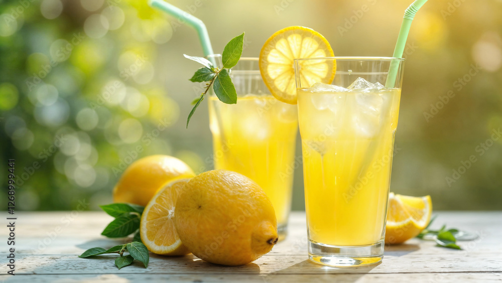 Fototapeta premium Fresh lemonade glasses with ice and lemon slices. Refreshing drink for summer. Lemonade preparation with natural ingredients and fruits. Healthy lemonade on wooden table.