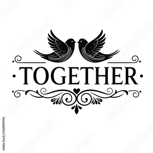 Silhouette vector illustration of Together typography with two lovebirds