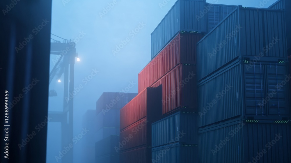 Foggy container yard at night with stacked shipping containers illuminated by ambient light Foggy container yard at night with stacked shipping containers illuminated by ambient light