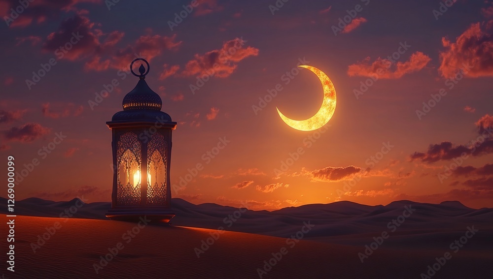 Ramadan lantern in desert at sunset with crescent moon Ramadan lantern in desert at sunset with crescent moon