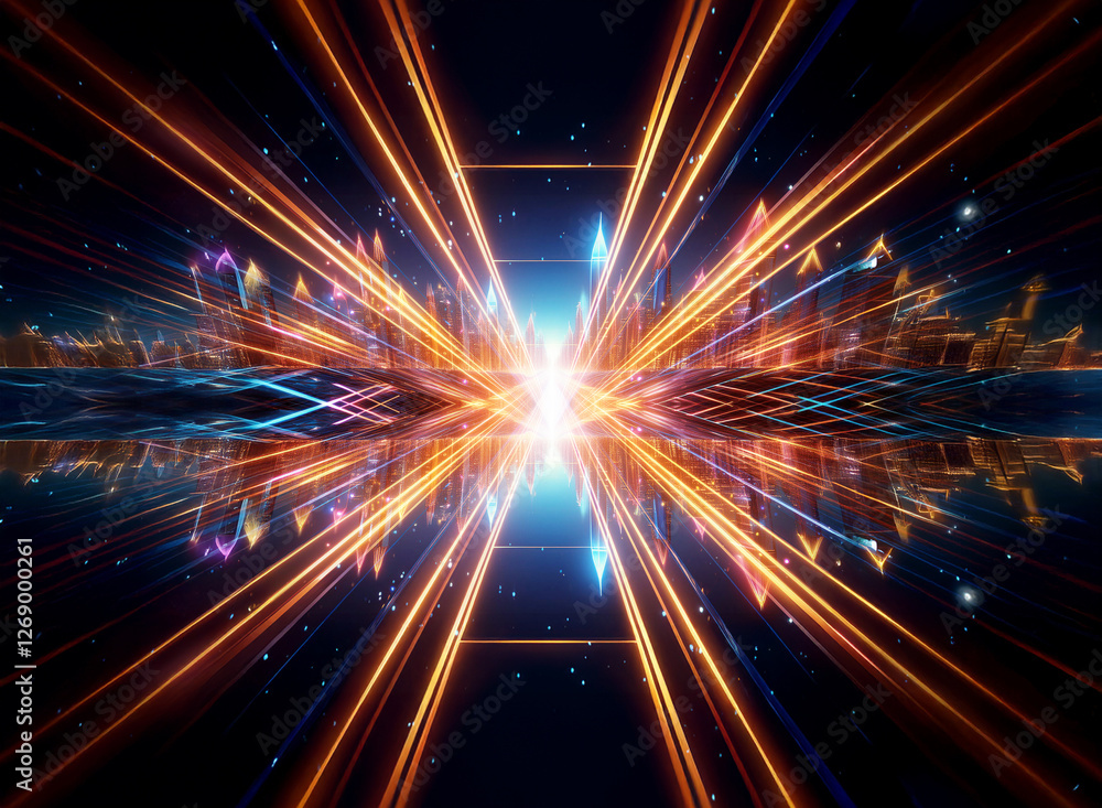 Fototapeta premium Abstract image of vibrant orange and blue light beams emanating from the center, creating a dynamic, futuristic, and energetic visual experience.