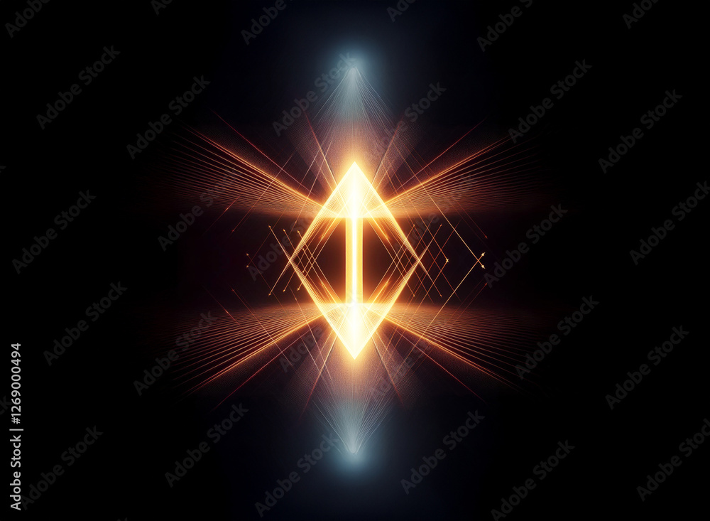 Abstract symmetrical design featuring a bright, golden diamond shape with radiating lines against a dark backdrop, accented by subtle blue glows at the top and bottom. Abstract symmetrical design featuring a bright, golden diamond shape with radiating lines against a dark backdrop, accented by subtle blue glows at the top and bottom.