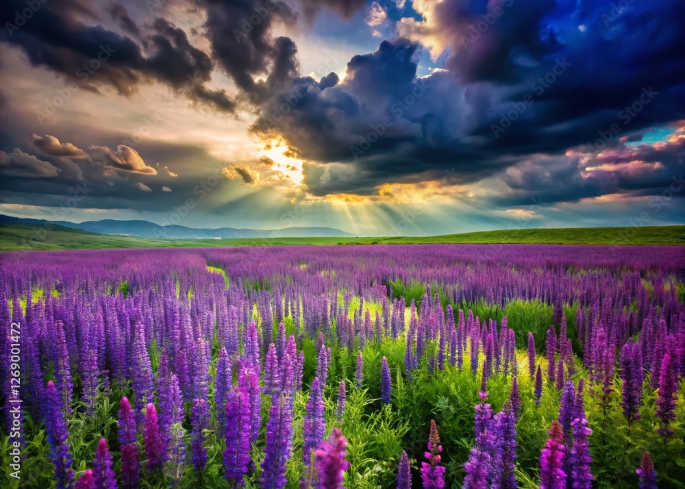 Fototapeta premium Lush Green Field with Vibrant Purple Salvia Flowers under a Cloudy Sky - Stunning Nature Stock Photo