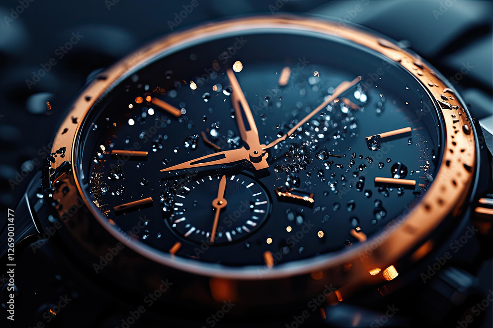 Fototapeta premium Closeup of a sophisticated wristwatch with water droplets on the face, showcasing intricate details and luxurious design