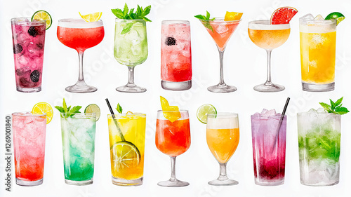 A Watercolor of collection of colorful cocktails in various glasses, showcasing fruits and garnishes, perfect for summer gatherings and celebrations.
