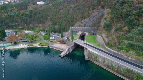 aerial view of the Adige river tunnel of Lake Garda with crystal clear water