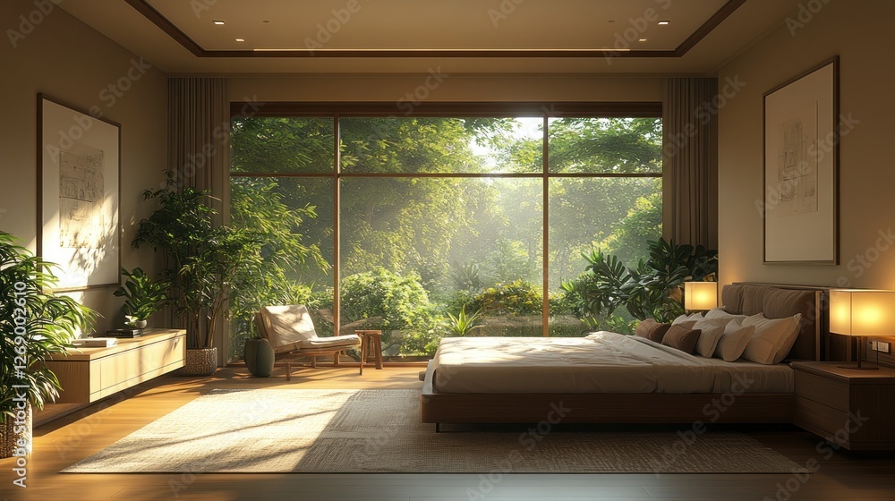 Fototapeta premium Serene bedroom, sunrise view, lush garden, hardwood floor, interior design