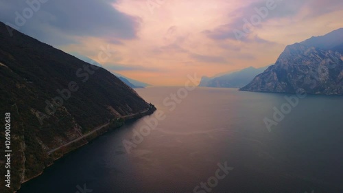 panoramic aerial view of lake garda from above peschiera del garda at sunset in 2025